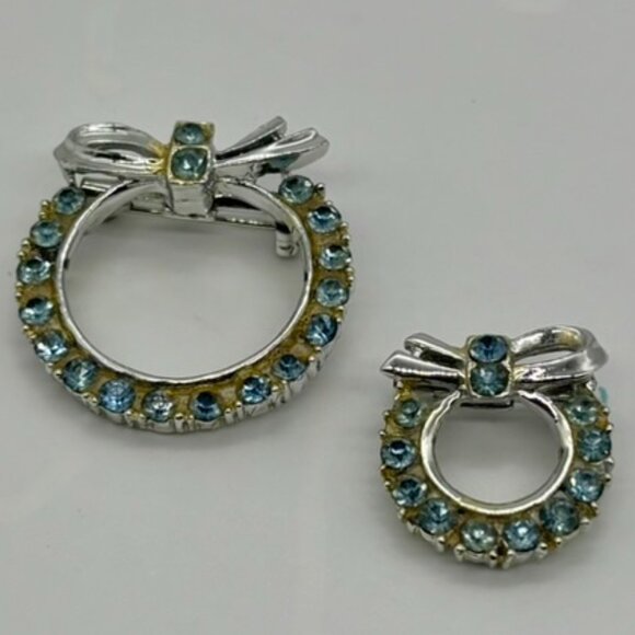 Vintage Mother Child Brooch Set Blue SilverTone Metal With Pale Blue Rhinestones - Picture 2 of 8